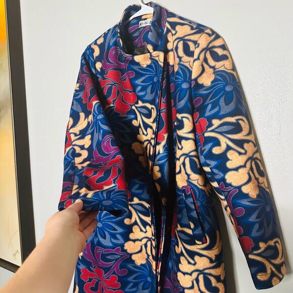 Vintage YaZhuang Floral Blue Tan Red Front Pocket Blazer Long Jacket Size Large - Picture 8 of 14